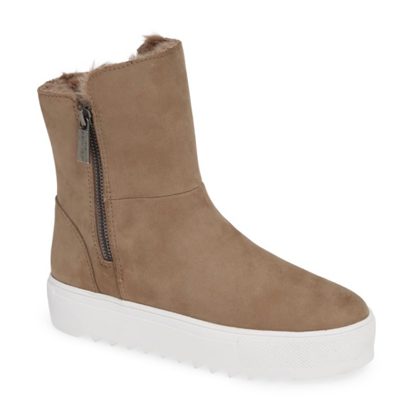 J Slides Shoes - J Slides Selene Taupe Nubuck Leather Waterproof Fur Platform Sneaker Boots 7.5
